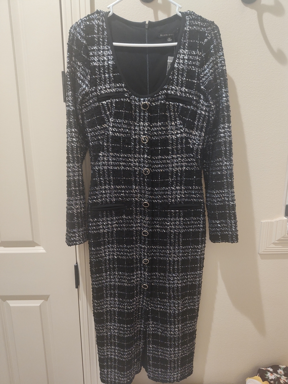 Black Halo 'Mae' Black and White Tweed Long Sleeve Dress NWT Size 10